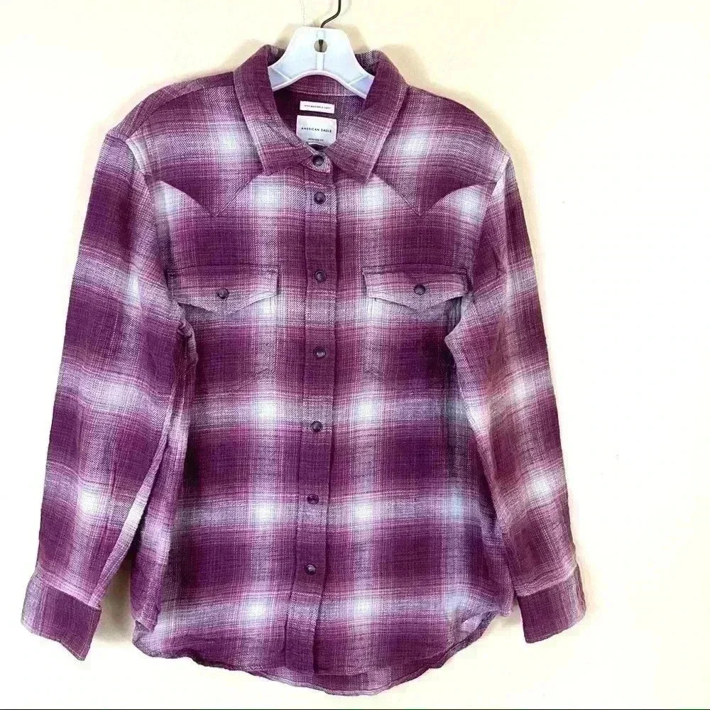 American Eagle Ahh-Mazingly Burgundy/White Plaid Snap Western Cotton Top Size S